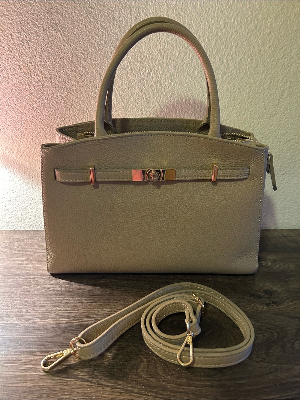 Leather Taupe Zippered Tote Made in Italy 2 Way Handbag